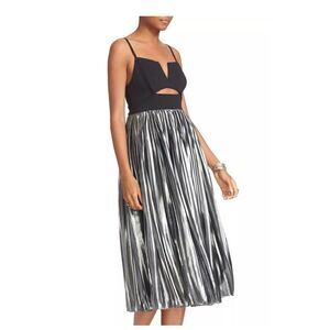 FREE PEOPLE Black Silver Piper Pleated Midi Dress Size Medium Lined